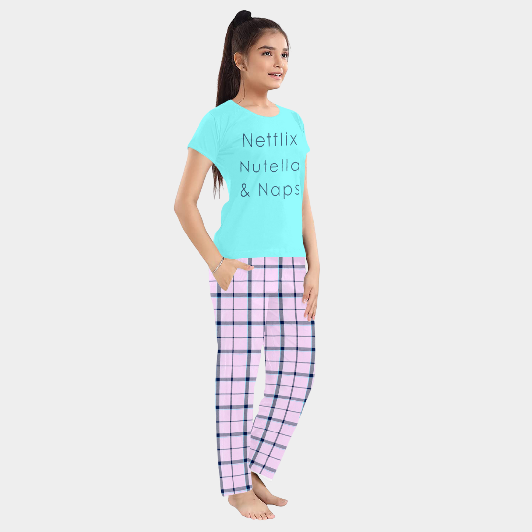 Blue Checks Printed Cotton Night Suit for Girls