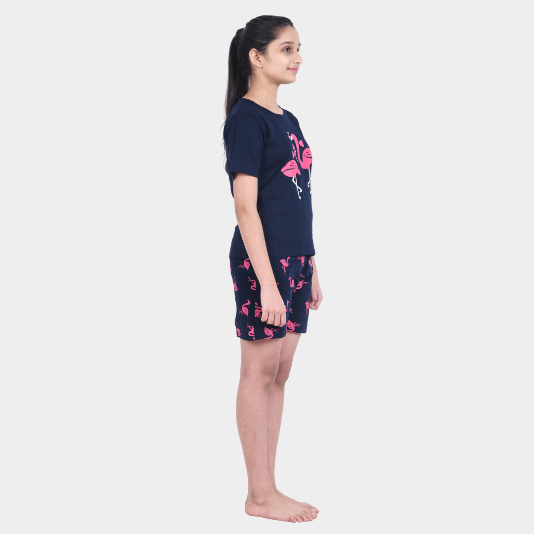 Navy Blue Flamingo Printed Cotton Nightwear for Girls