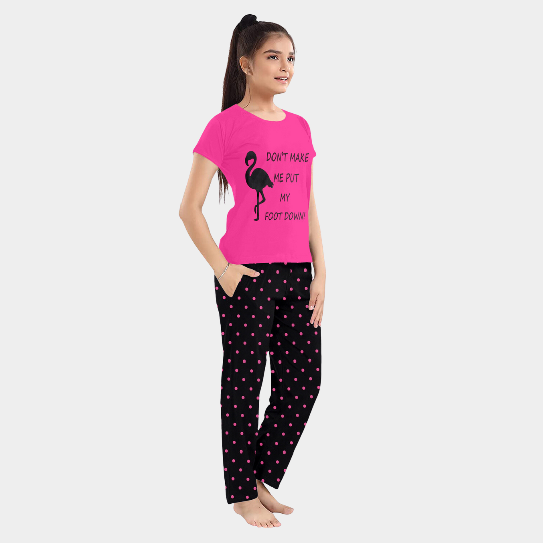 Pink & Black Flamingo Printed Cotton Night Suit for Girls