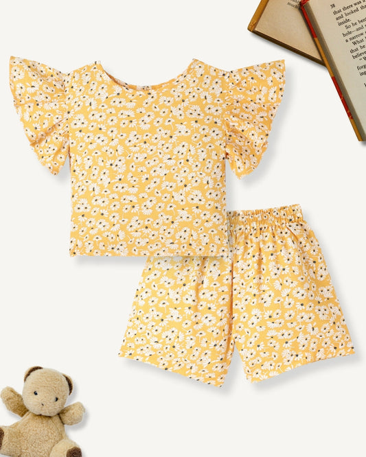 Yellow Premium Cotton Floral Printed with Bio Finish Flutter Sleeves Top & Shorts Co-ord Set for Girls