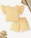 Yellow Premium Cotton Floral Printed with Bio Finish Flutter Sleeves Top & Shorts Co-ord Set for Girls