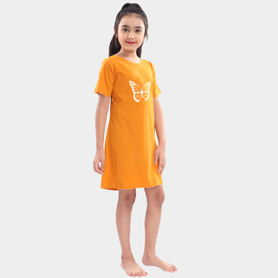 Mustard Butterfly Printed Cotton Night Dress for Girls