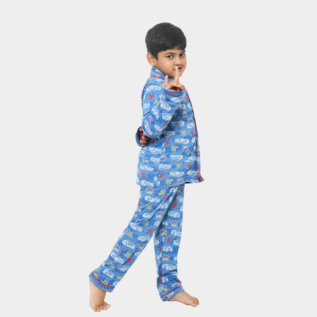 Blue Racing Car Printed Cotton Boys Night Suit