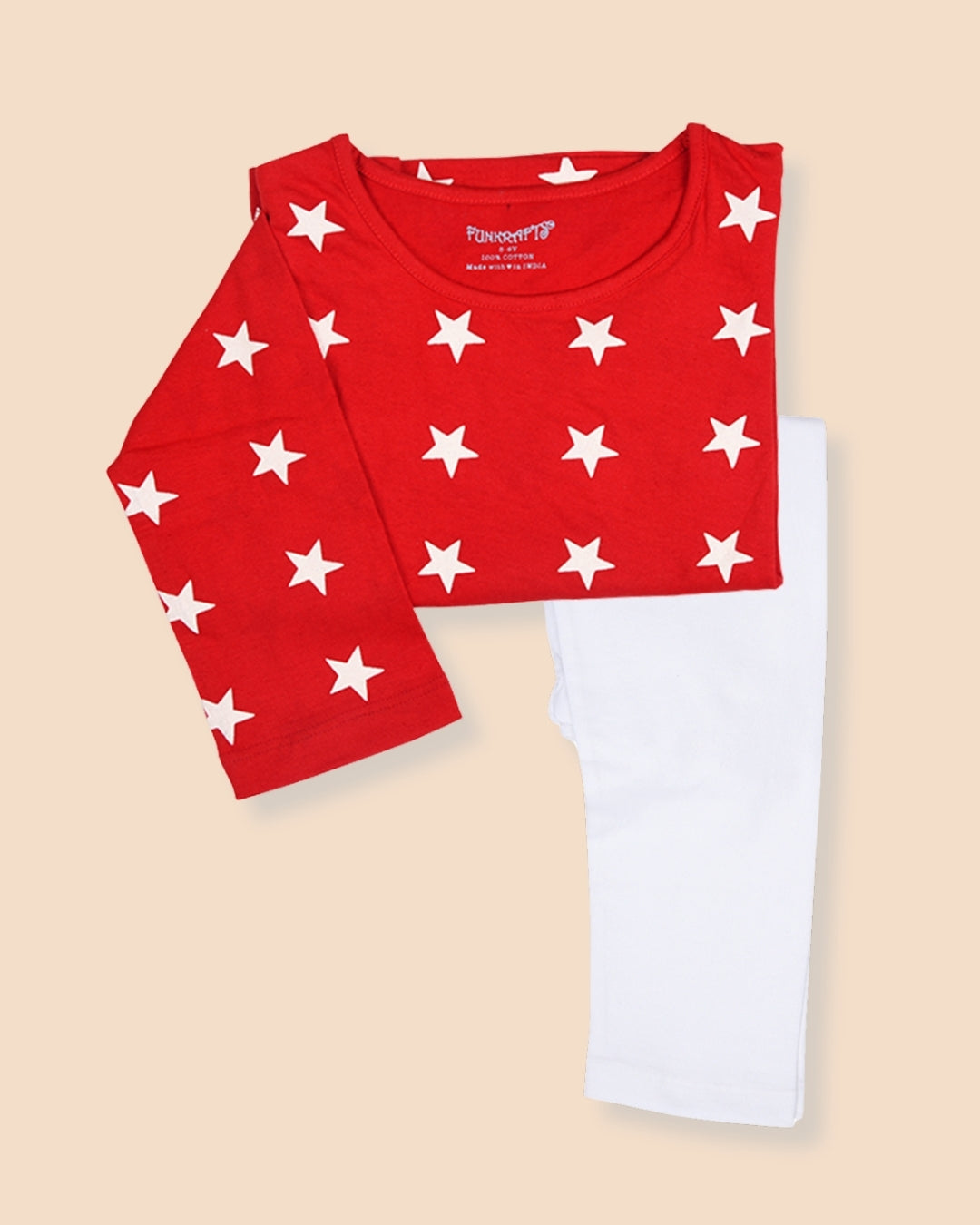 Red & White Stars Print Cotton Kids Night Suit