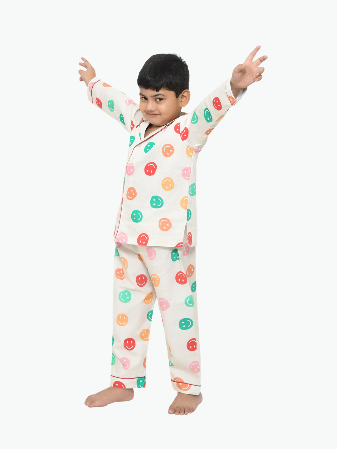 Off White Smiley Printed Cotton Kids Night Suit