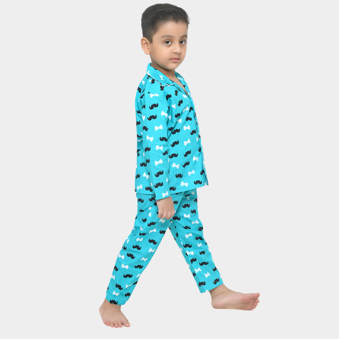 Blue Moustache Printed Cotton Night Dress for Boys