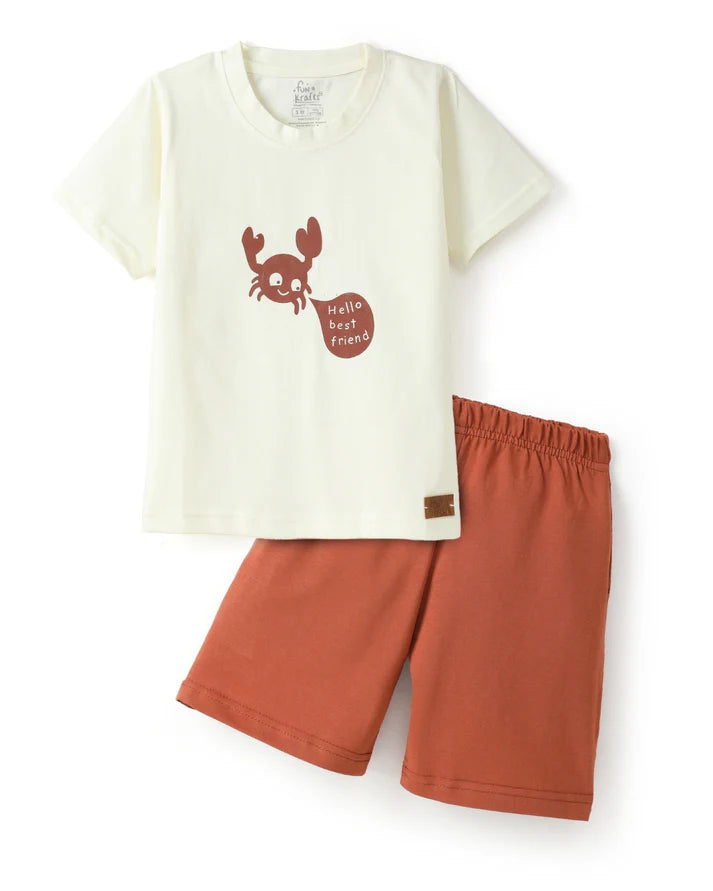 Brown & Off white Typographic Printed Premium Cotton T-Shirt & Shorts Set for Boys & Girls
