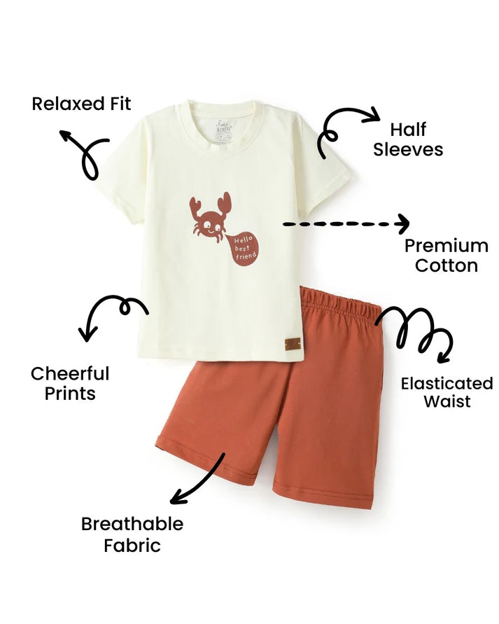 Brown & Off white Typographic Printed Premium Cotton T-Shirt & Shorts Set for Boys & Girls