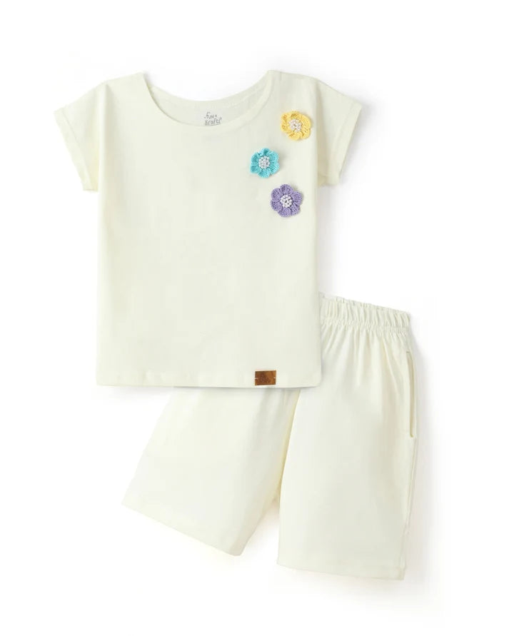 Girls Premium Cotton White T-Shirt & Shorts Set with Multicolor Crochet Flower