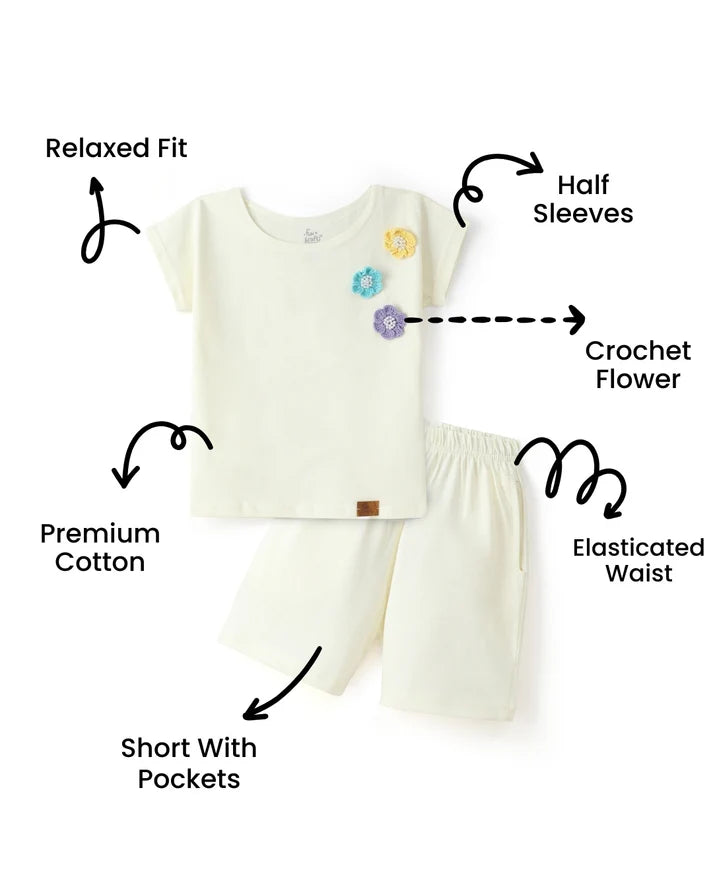 Girls Premium Cotton White T-Shirt & Shorts Set with Multicolor Crochet Flower