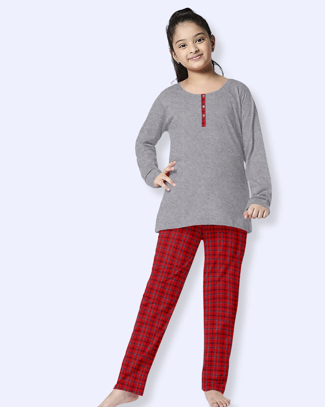 Red & Grey Checks Printed Cotton Nightwear for Girls