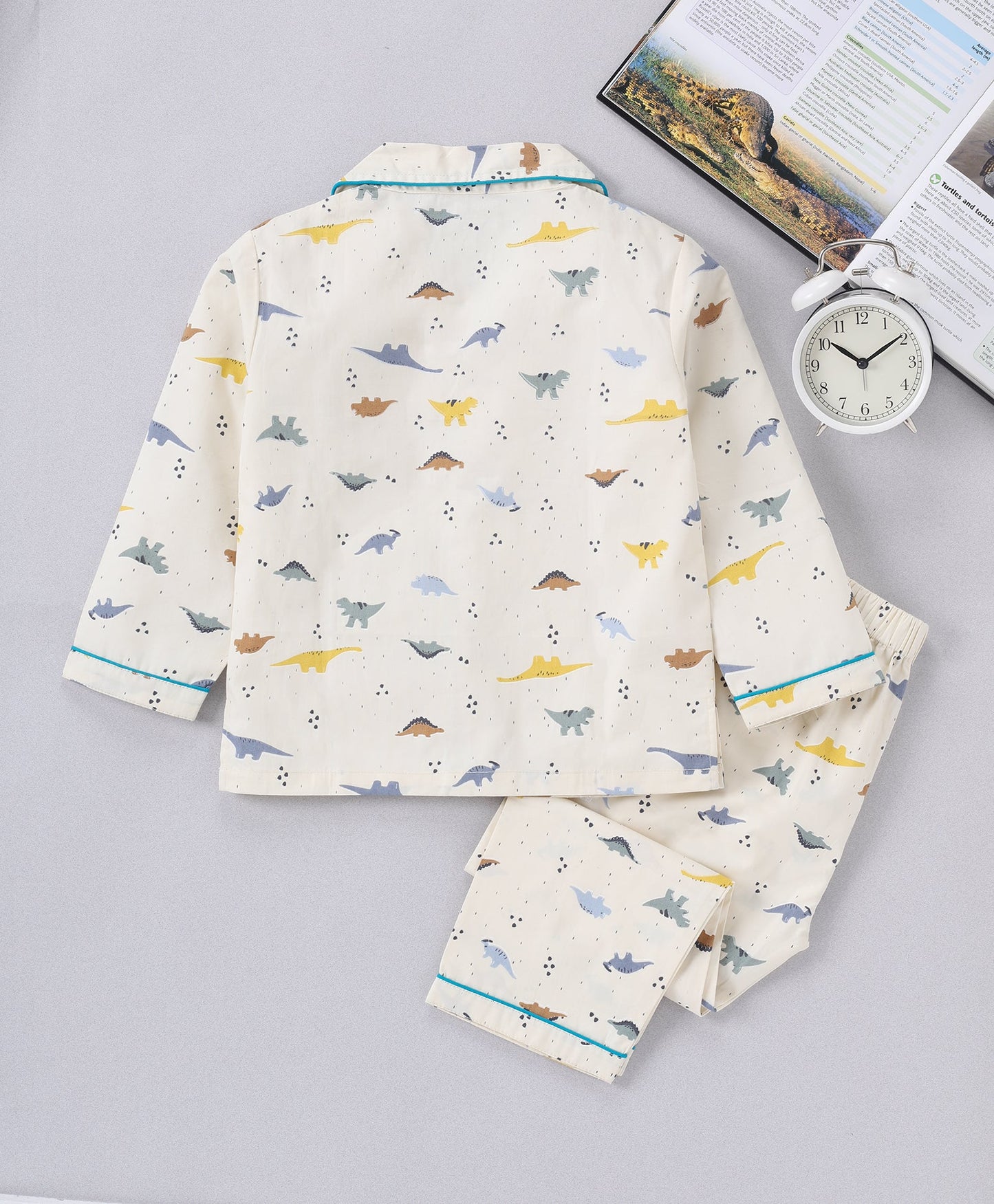 Off White Dinosaur Printed Pure Cotton Night Suit for Kids