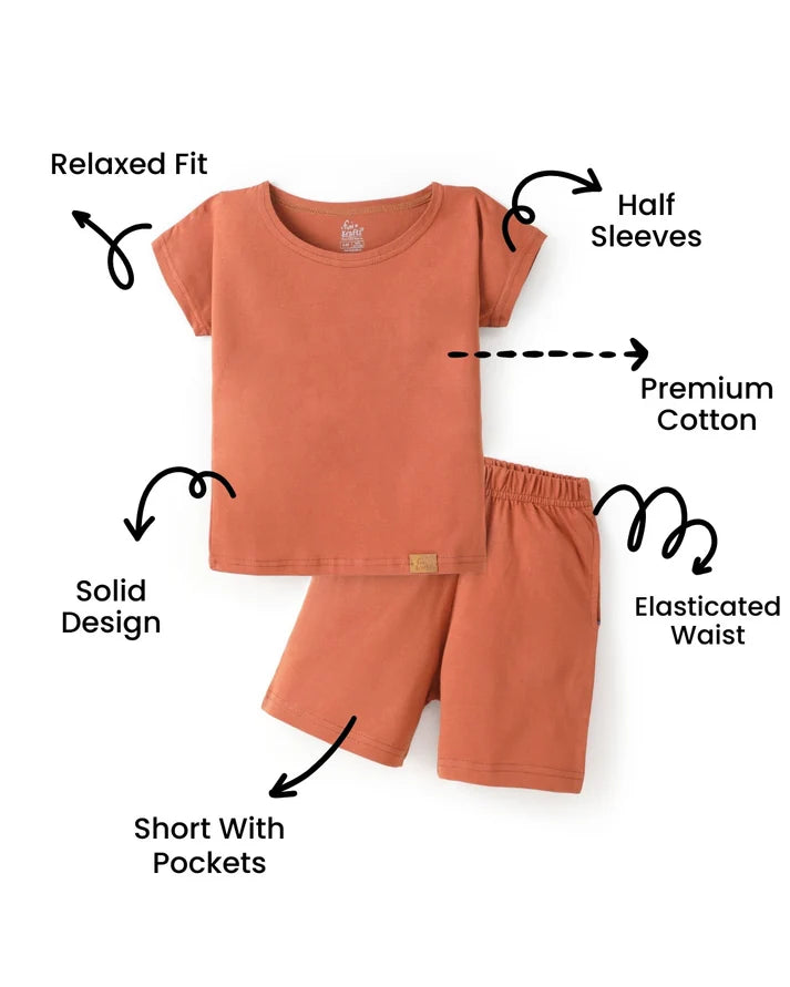 Brown Solid Premium Cotton T-Shirt & Shorts Set with pockets for Girls