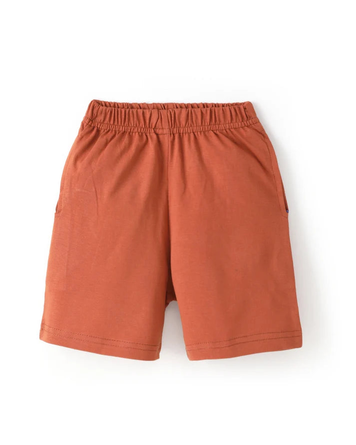 Brown Solid Premium Cotton T-Shirt & Shorts Set with pockets for Girls