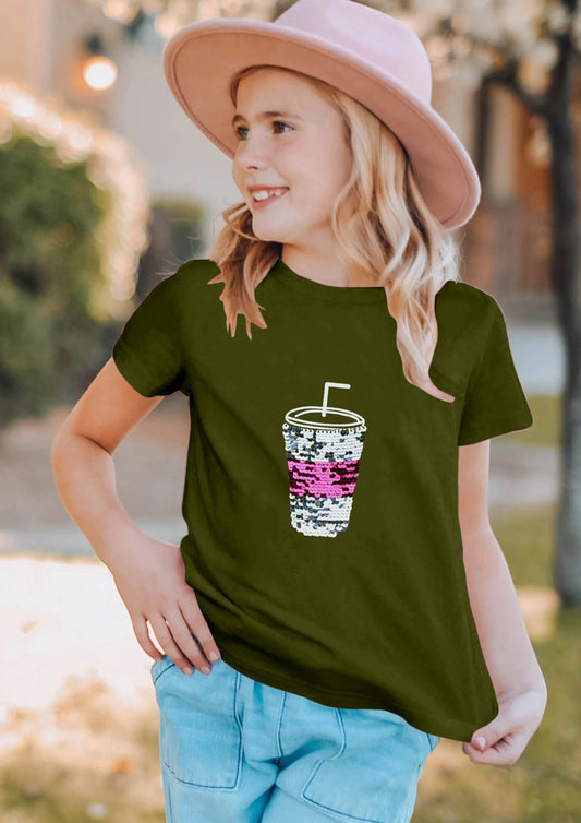 Olive Green Girls Sequin T-shirt