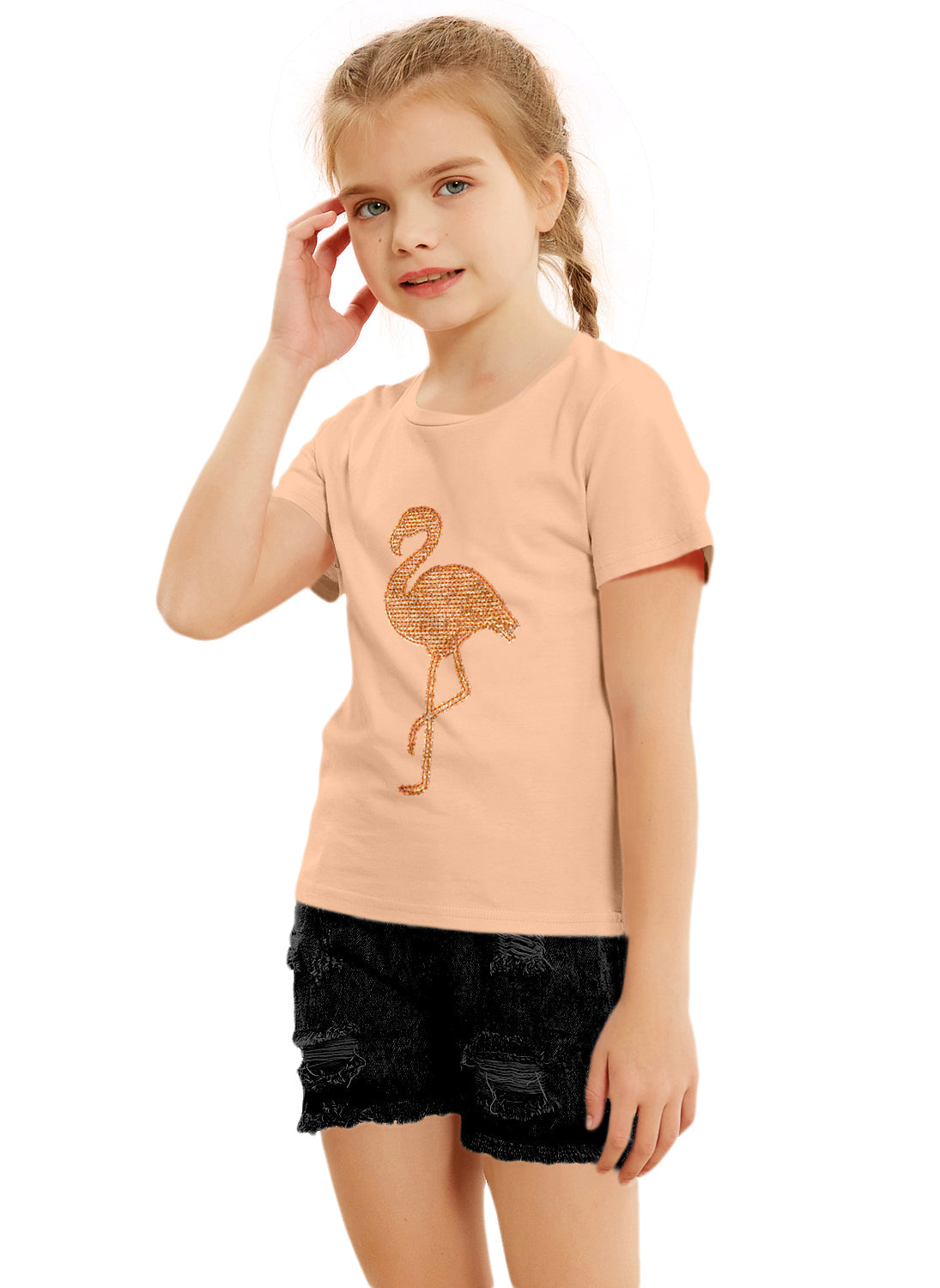 Peach Girls Sequin Printed Cotton T-shirt