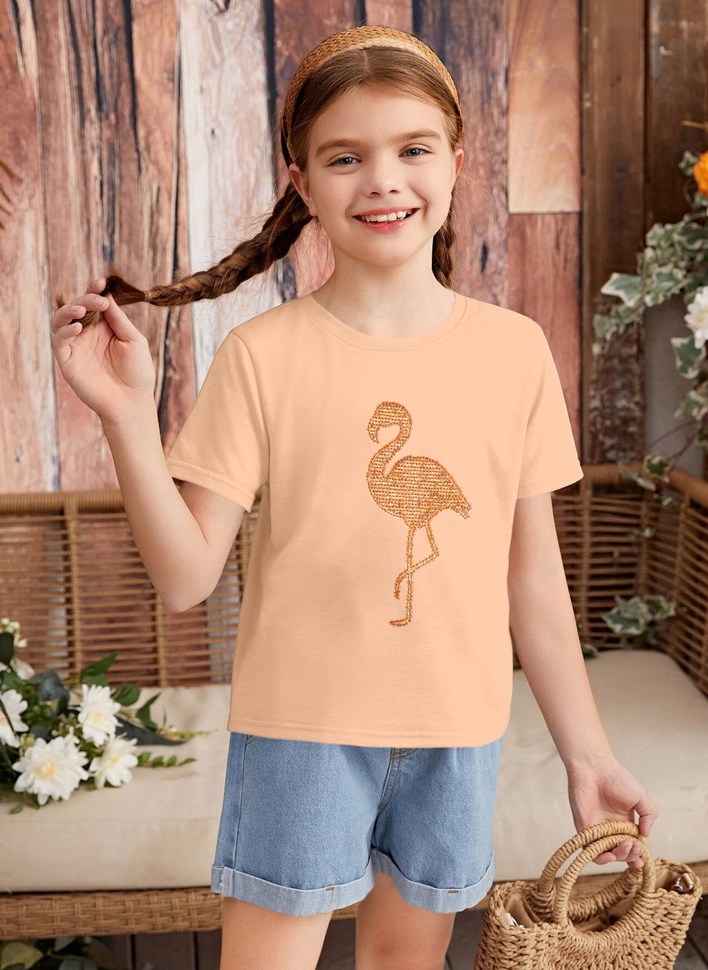 Peach Girls Sequin Printed Cotton T-shirt