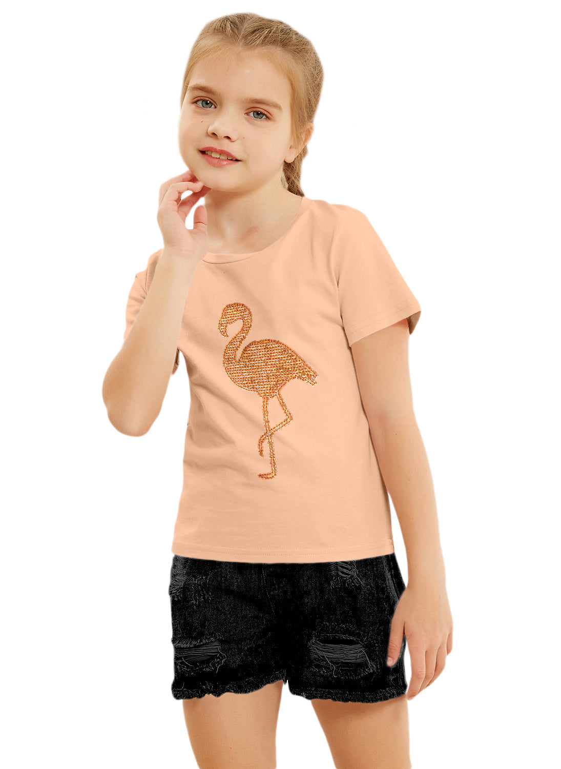 Peach Girls Sequin Printed Cotton T-shirt