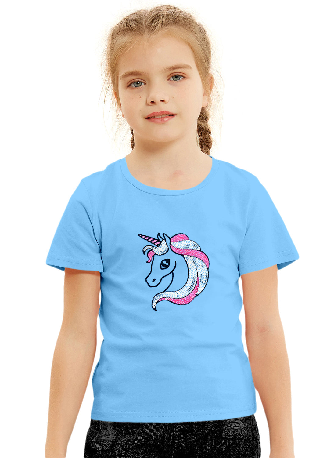 Blue Girls Sequin Cotton T-shirt