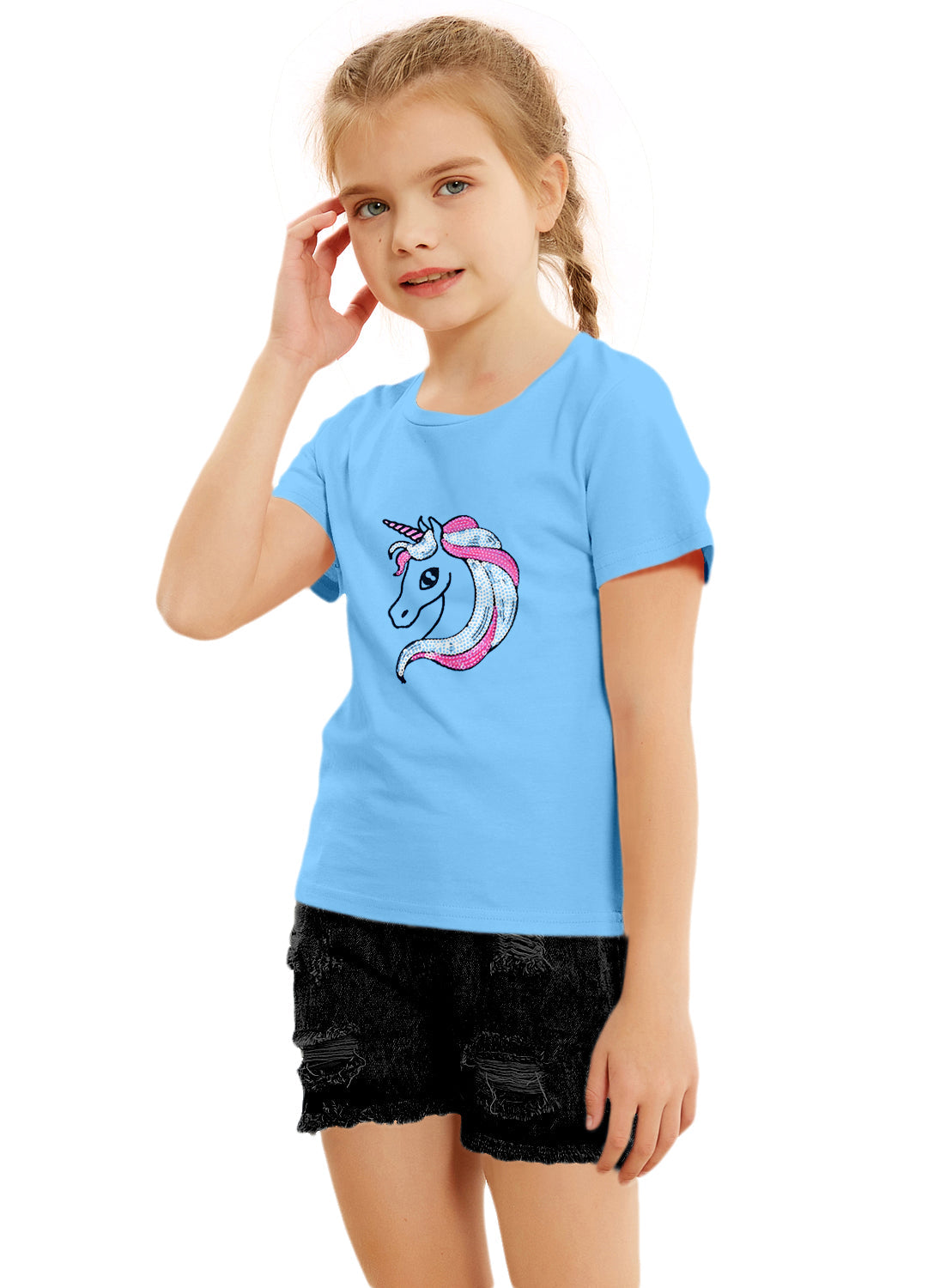 Blue Girls Sequin Cotton T-shirt