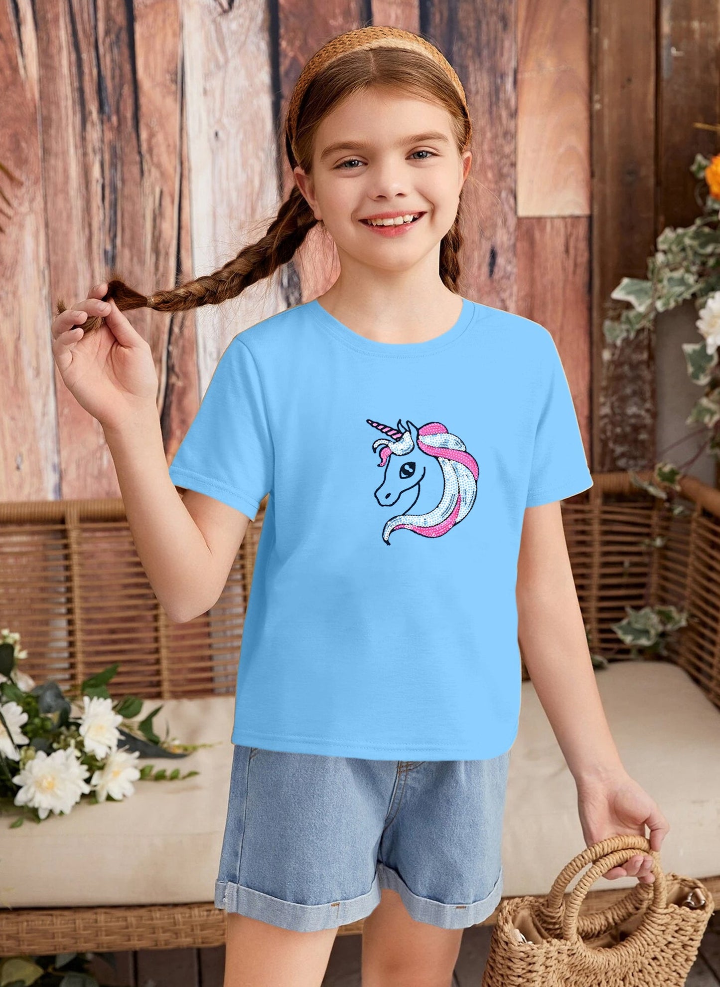 Blue Girls Sequin Cotton T-shirt