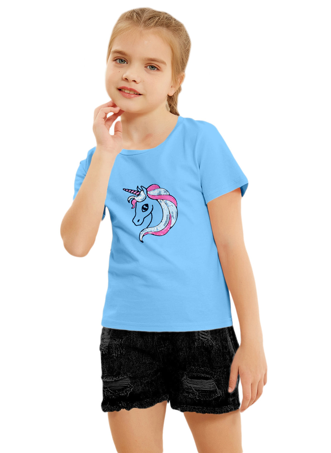 Blue Girls Sequin Cotton T-shirt