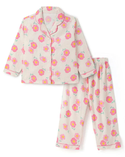 Off White & Pink Premium Cotton Full Sleeves Floral Printed Collar Style Nightsuit for Girls