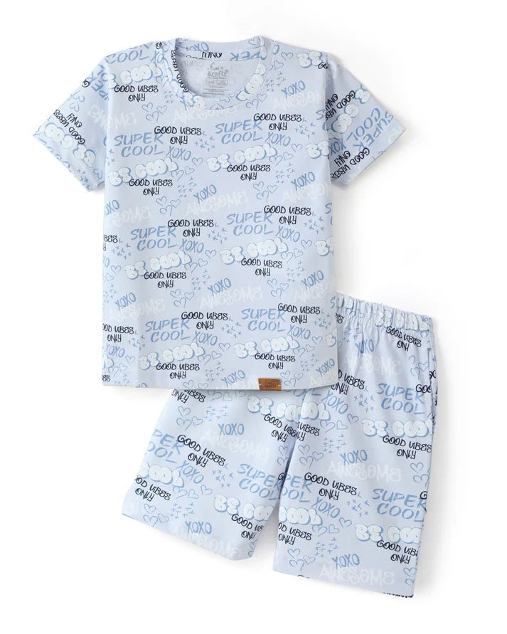 Blue Unisex Typographic Printed Cotton Co-ord Set for Kids
