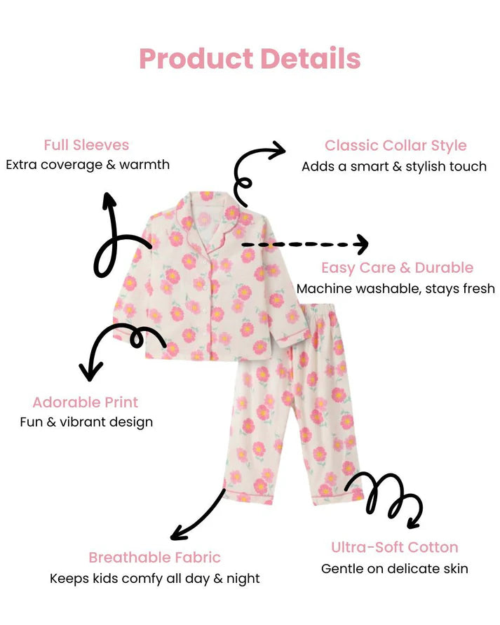 Off White & Pink Premium Cotton Full Sleeves Floral Printed Collar Style Nightsuit for Girls