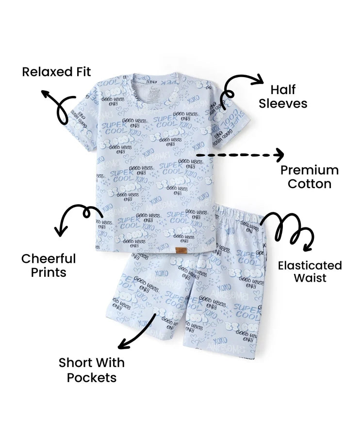 Blue Unisex Typographic Printed Cotton Co-ord Set for Kids