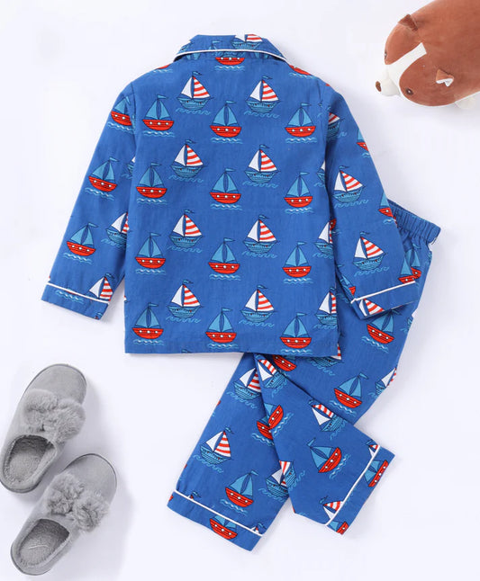 Blue Ship Printed Cotton Night Suit for Boys & Girls