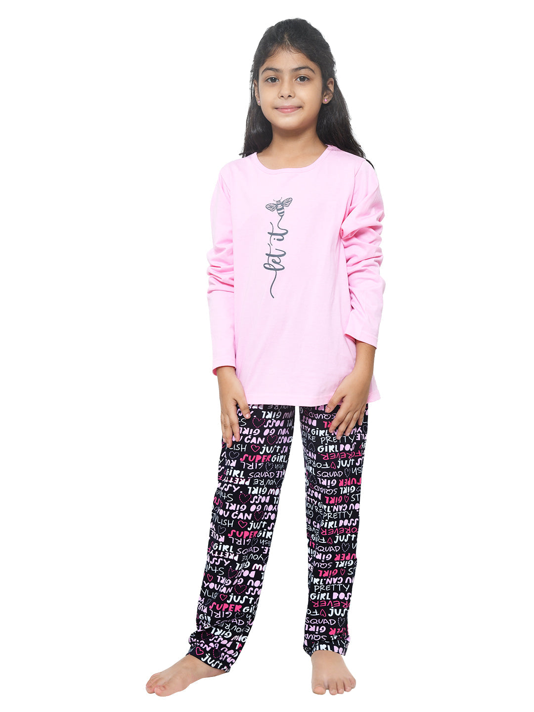 Pink & Black Typography Printed Night Dress for Girls