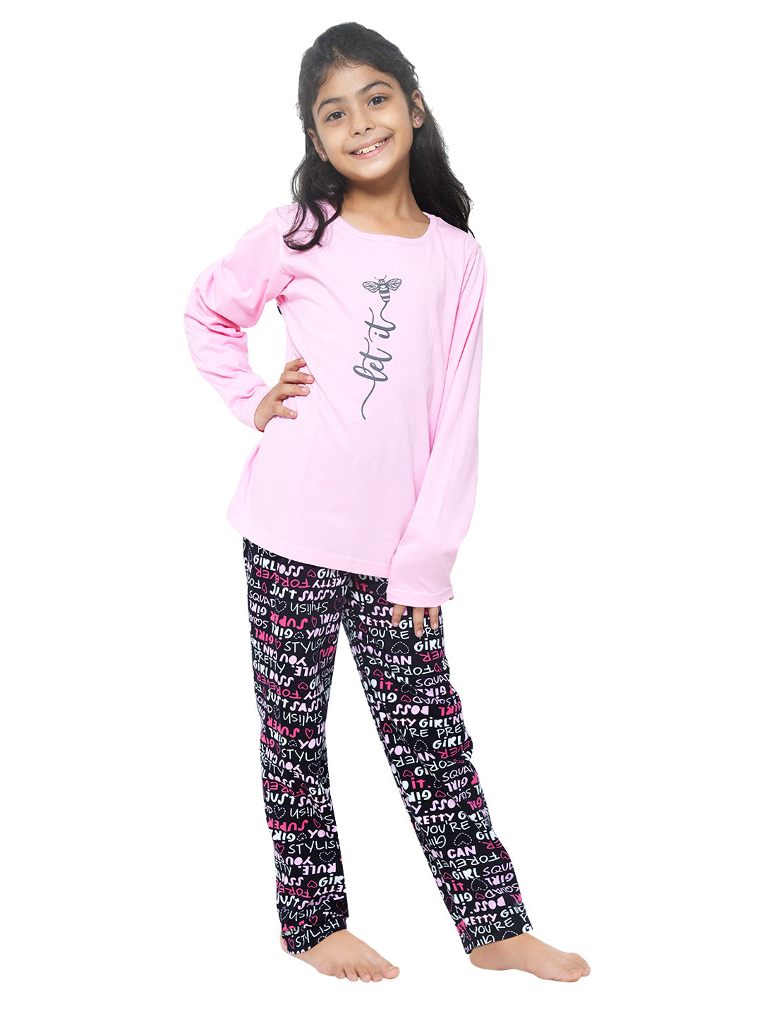 Pink & Black Typography Printed Night Dress for Girls