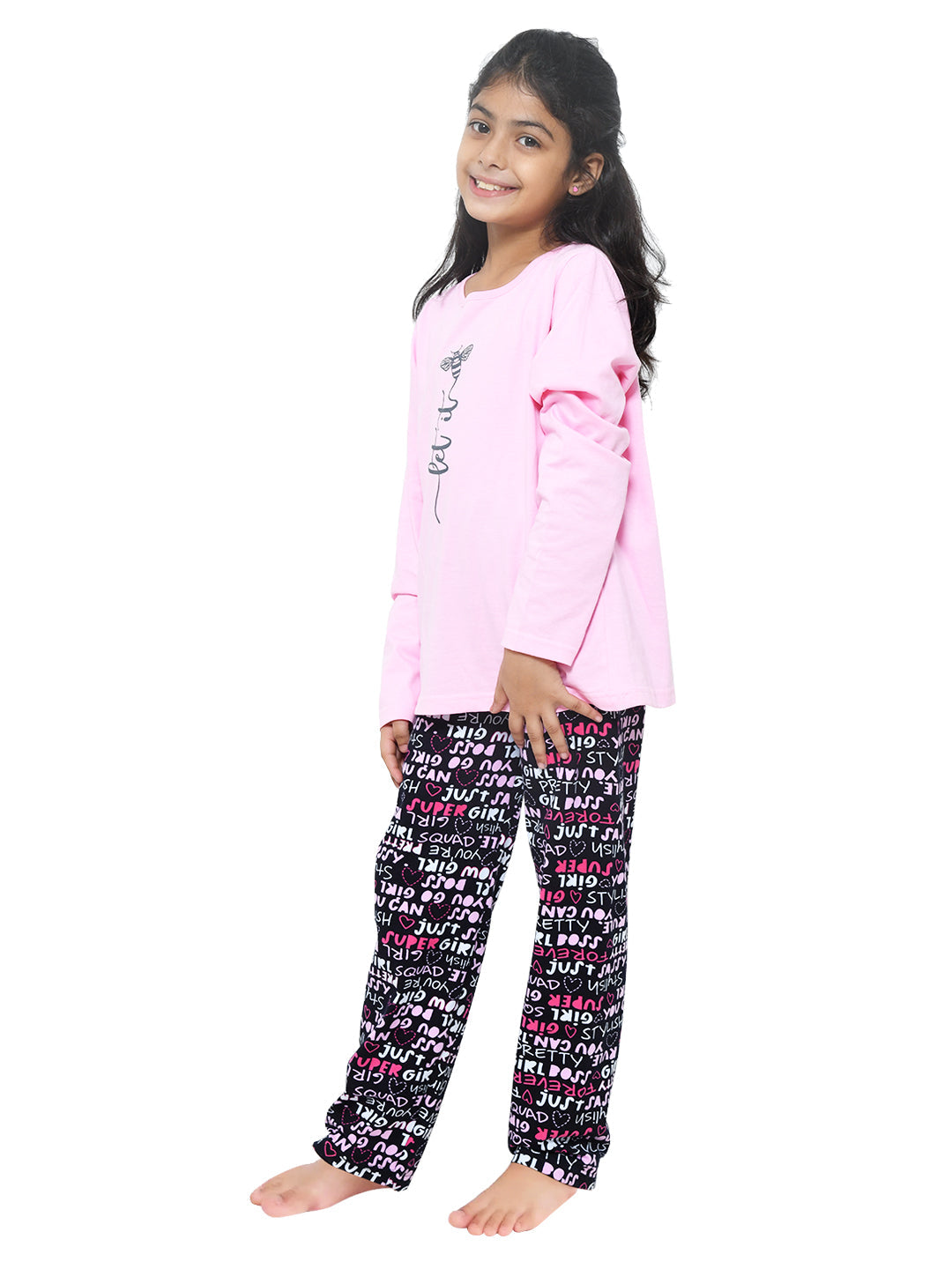 Pink & Black Typography Printed Night Dress for Girls