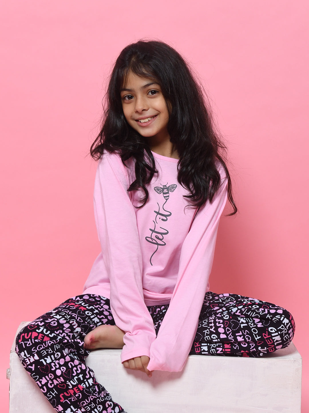 Pink & Black Typography Printed Night Dress for Girls