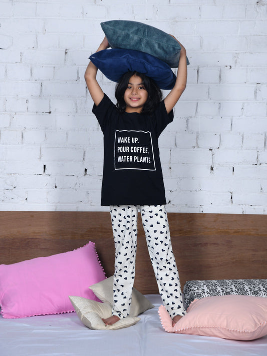 Girls Black & White Typography Printed Night suit