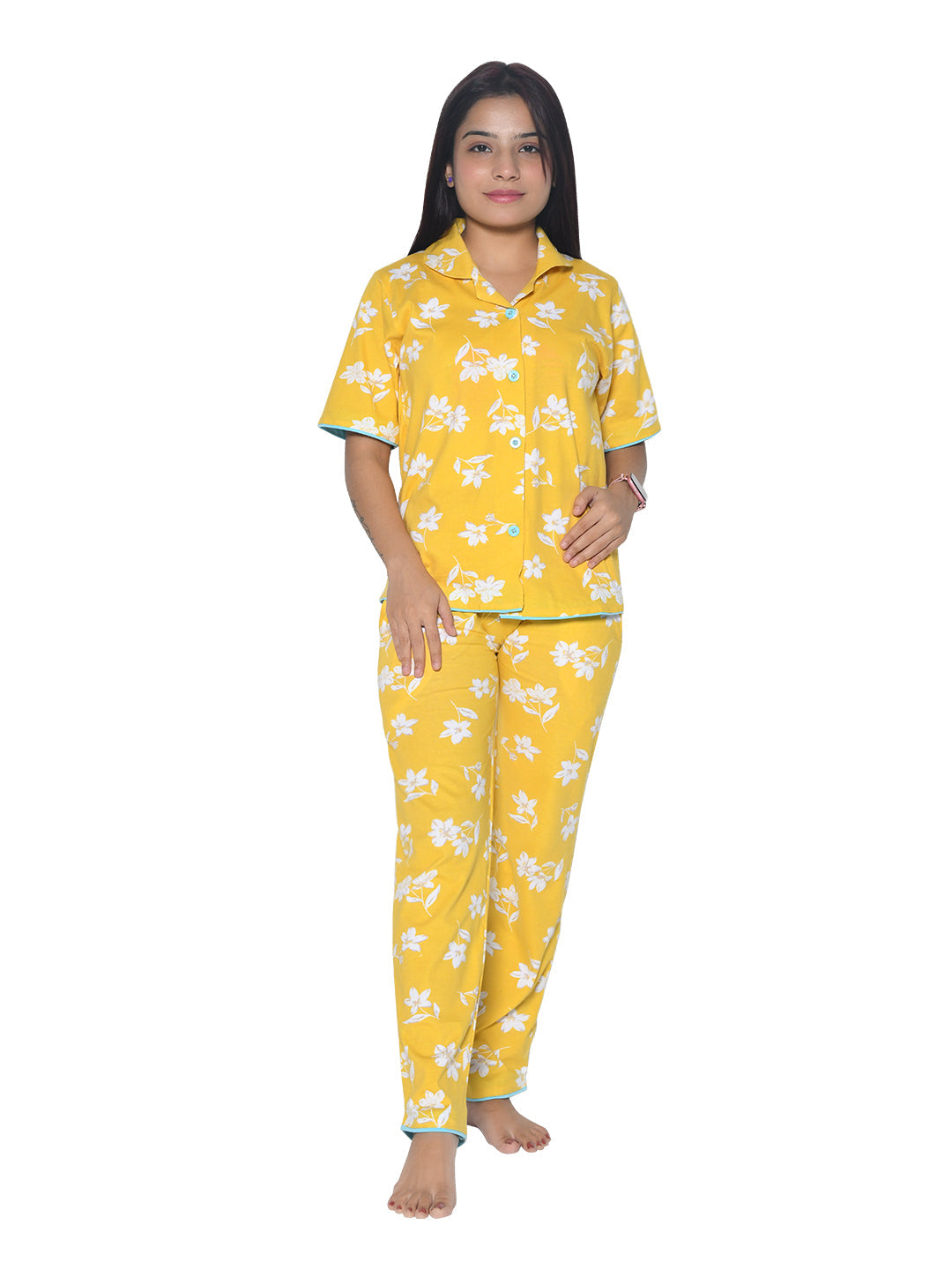 Mustard Floral Printed Night suit for Girls