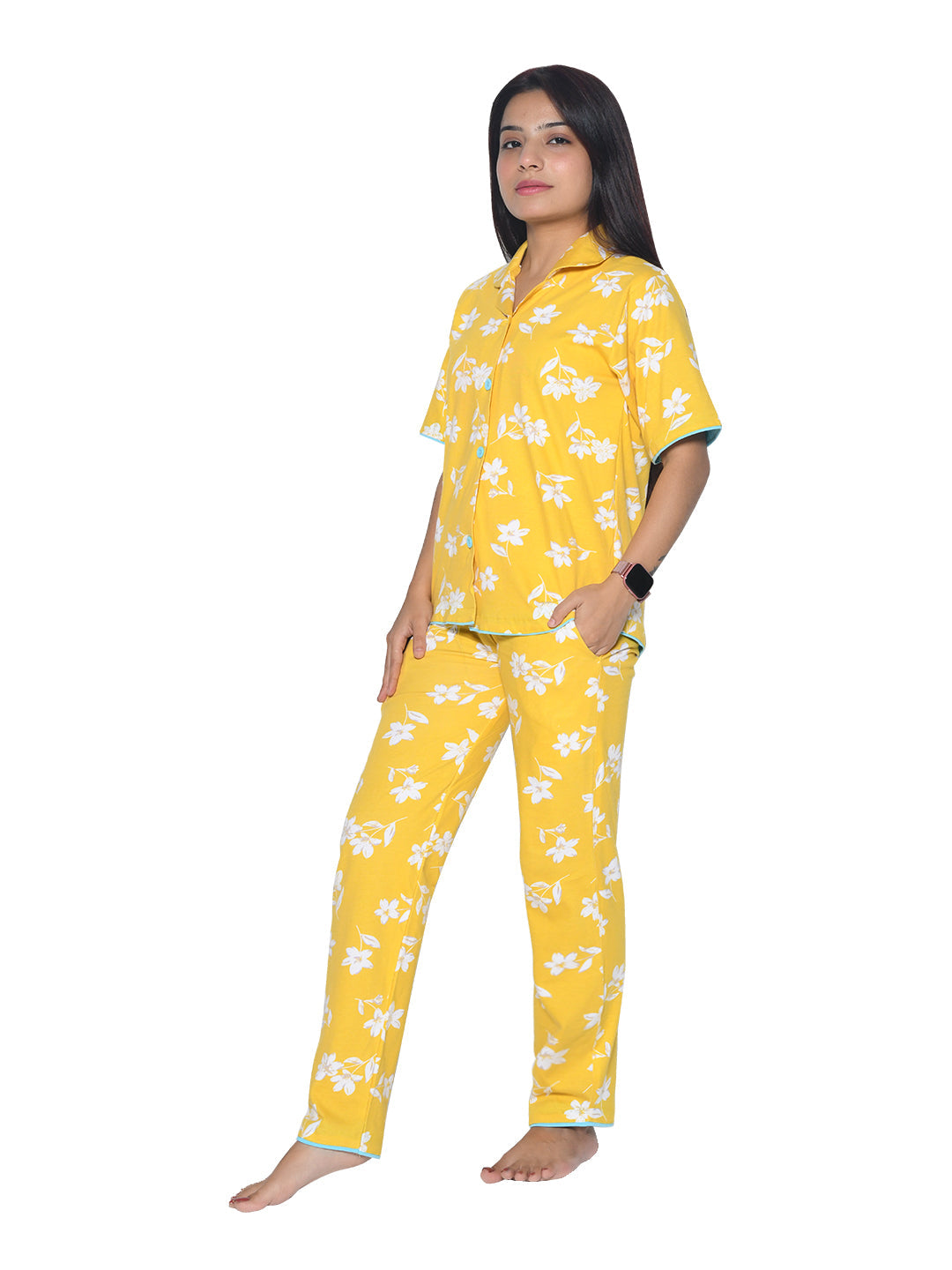 Mustard Floral Printed Night suit for Girls