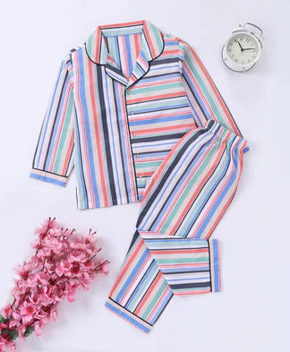 Multi-Color Stripe Vibe Collar Style Nightsuit for Kids