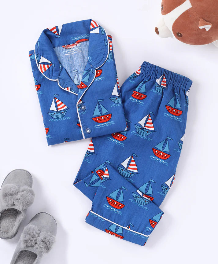 Blue Ship Printed Cotton Night Suit for Boys & Girls