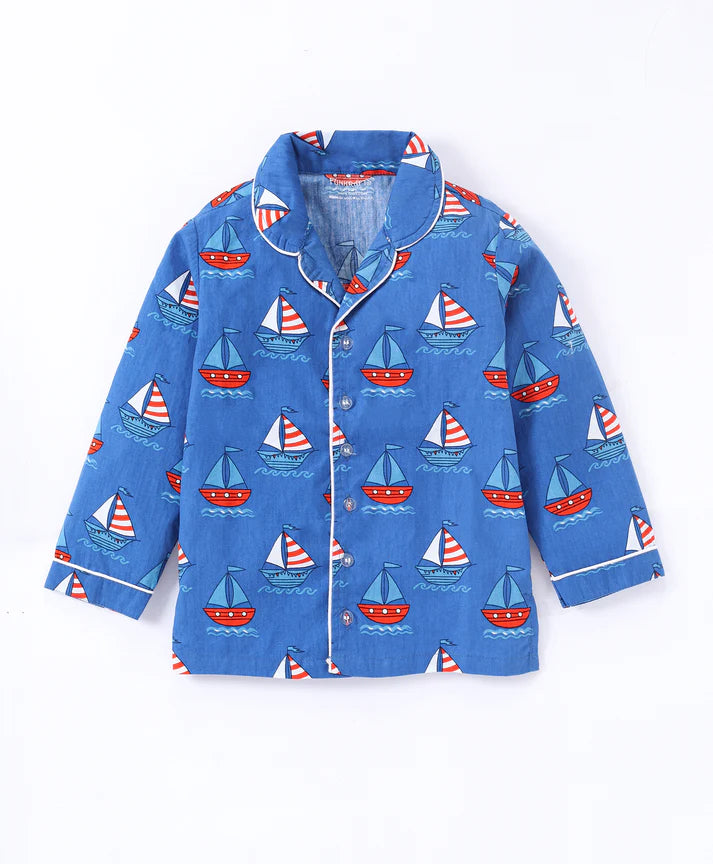 Blue Ship Printed Cotton Night Suit for Boys & Girls
