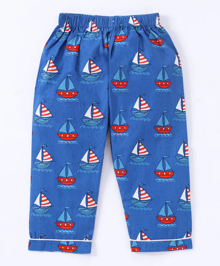 Blue Ship Printed Cotton Night Suit for Boys & Girls