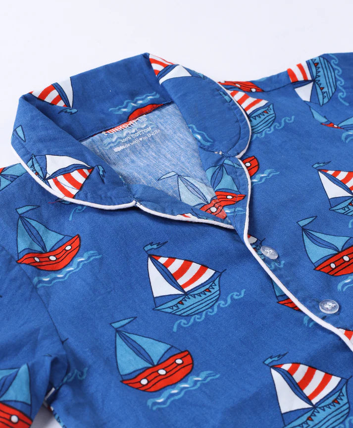 Blue Ship Printed Cotton Night Suit for Boys & Girls