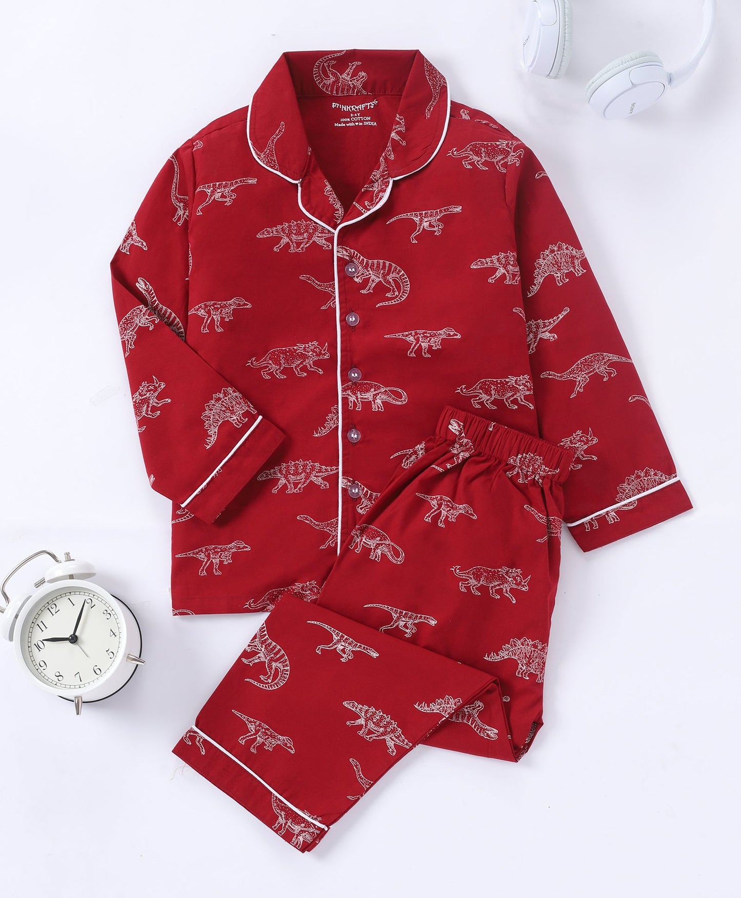 Red Dinosaur Printed Pure Cotton Night Suit for Boys