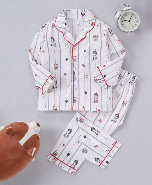 White Puppy Printed Pure Cotton Night Suit for Kids