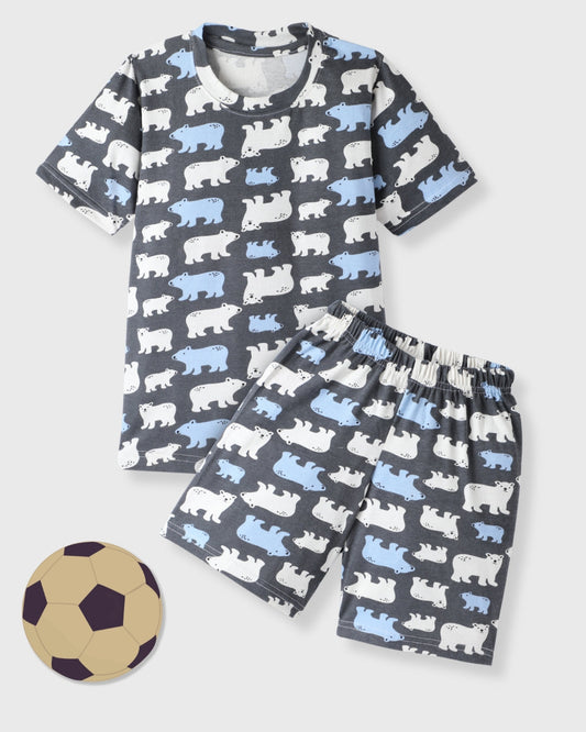 Dark Grey & Blue Kids Pure Cotton Half Sleeves Printed Shorts Set