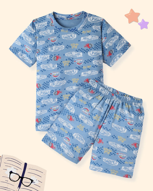 Blue Boys Pure Cotton Half Sleeves Printed T-shirt & Shorts Set