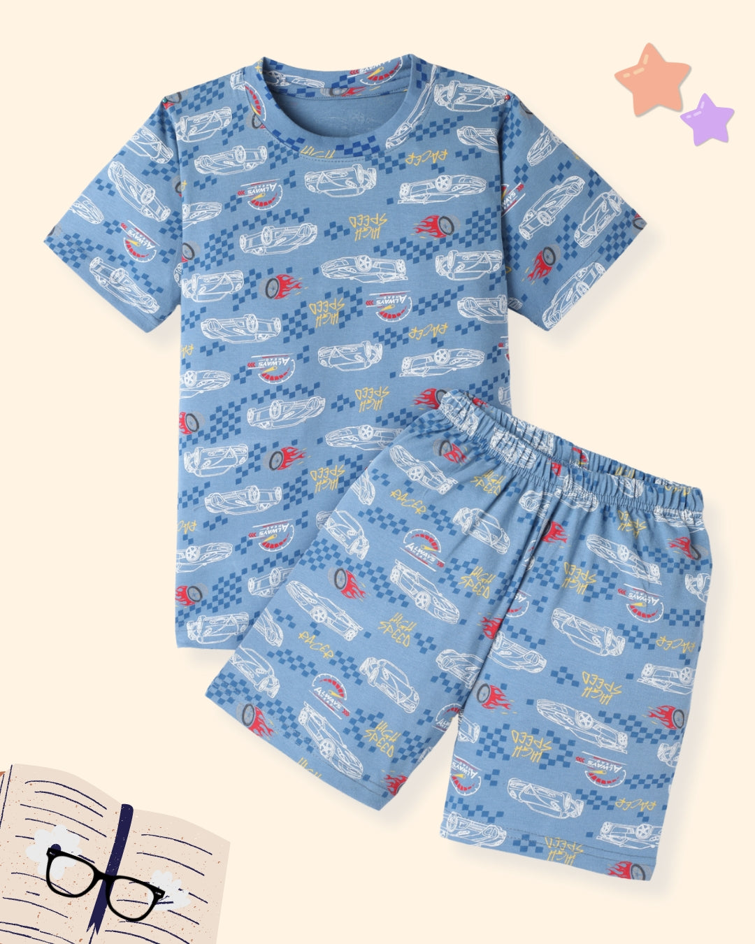 Blue & Black Pure Cotton Half Sleeves Car & Puppy Printed Shorts Set for Boys - Pack of 2