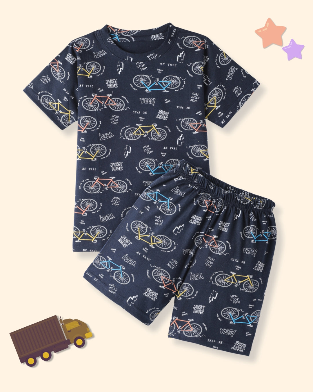 Yellow & Navy Blue Pure Cotton Half Sleeves Lemon & Bicycle Printed T-shirt & Shorts Set for Kids - Pack of 2