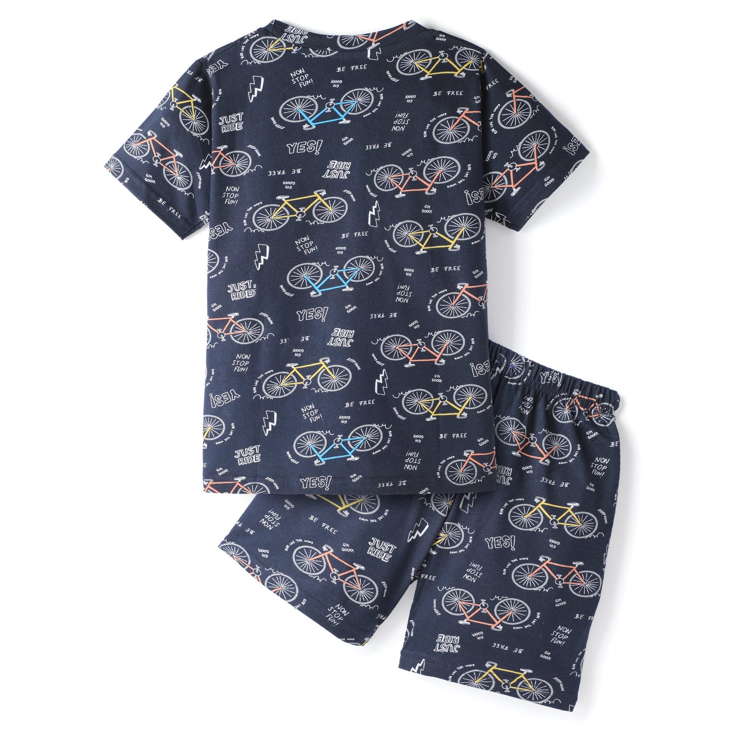 Navy Blue Kids Pure Cotton Half Sleeves Bicycle Printed T-shirt & Shorts Set Set